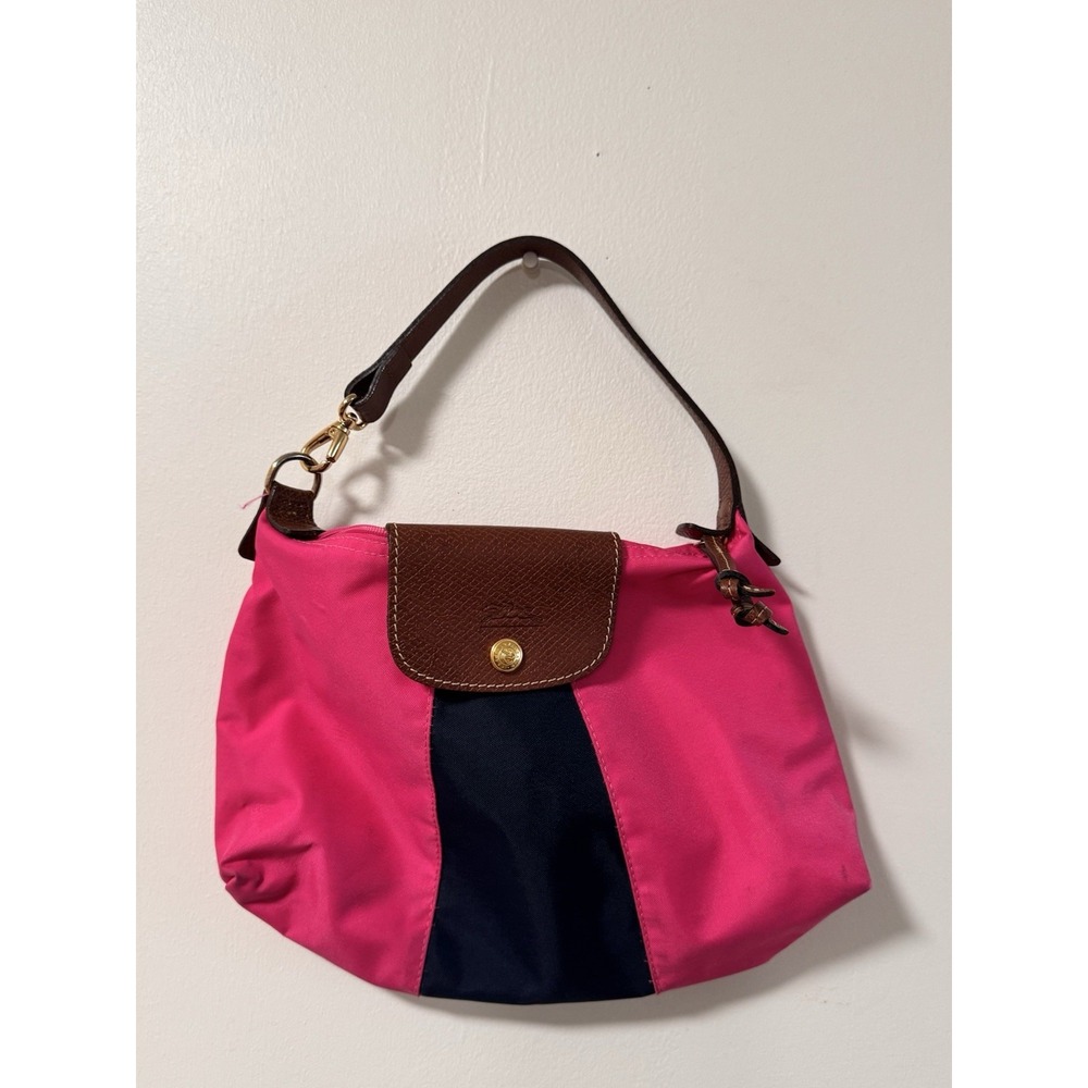 Vintage Longchamp Nylon/ Leather Blue/Pink Mini Hobo Bag